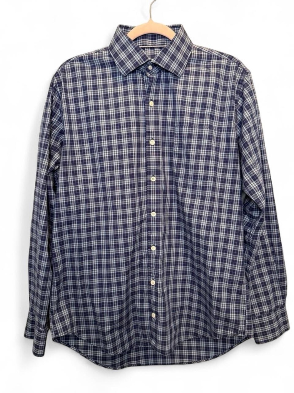 Peter Millar Men’s Large Navy and White Plaid Button Down Shirt Preppy Golf